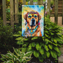 Load image into Gallery viewer, Mastiff Hippie Dawg Garden Flag – Retro Dog with Sunglasses &amp; Multicolored Background