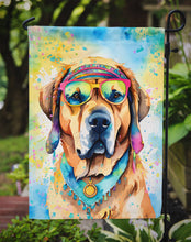 Load image into Gallery viewer, Mastiff Hippie Dawg Garden Flag – Retro Dog with Sunglasses &amp; Multicolored Background