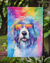 Load image into Gallery viewer, Old English Sheepdog Hippie Dawg Garden Flag – Retro Dog with Sunglasses &amp; Multicolored Background