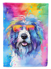 Load image into Gallery viewer, Old English Sheepdog Hippie Dawg Garden Flag – Retro Dog with Sunglasses &amp; Multicolored Background