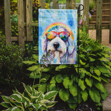 Load image into Gallery viewer, Old English Sheepdog Hippie Dawg Garden Flag – Retro Dog with Sunglasses &amp; Multicolored Background
