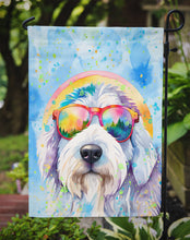 Load image into Gallery viewer, Old English Sheepdog Hippie Dawg Garden Flag – Retro Dog with Sunglasses &amp; Multicolored Background