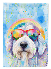 Load image into Gallery viewer, Old English Sheepdog Hippie Dawg Garden Flag – Retro Dog with Sunglasses &amp; Multicolored Background