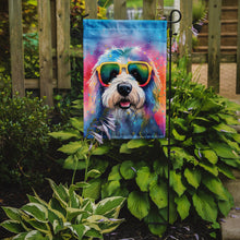 Load image into Gallery viewer, Old English Sheepdog Hippie Dawg Garden Flag – Retro Dog with Sunglasses &amp; Multicolored Background