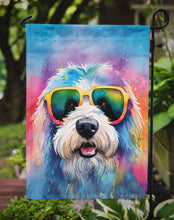 Load image into Gallery viewer, Old English Sheepdog Hippie Dawg Garden Flag – Retro Dog with Sunglasses &amp; Multicolored Background