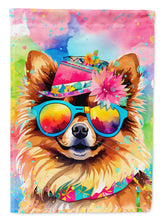 Load image into Gallery viewer, Pomeranian Hippie Dawg Garden Flag – Retro Dog with Sunglasses &amp; Multicolored Background