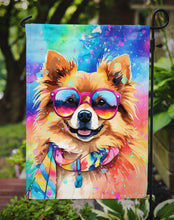 Load image into Gallery viewer, Pomeranian Hippie Dawg Garden Flag – Retro Dog with Sunglasses &amp; Multicolored Background