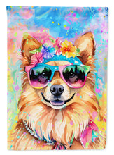 Load image into Gallery viewer, Pomeranian Hippie Dawg Garden Flag – Retro Dog with Sunglasses &amp; Multicolored Background