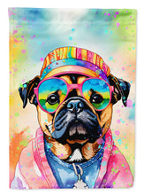 Load image into Gallery viewer, Pug Hippie Dawg Garden Flag – Retro Dog with Sunglasses &amp; Multicolored Background