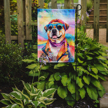 Load image into Gallery viewer, Pug Hippie Dawg Garden Flag – Retro Dog with Sunglasses &amp; Multicolored Background
