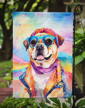 Load image into Gallery viewer, Pug Hippie Dawg Garden Flag – Retro Dog with Sunglasses &amp; Multicolored Background