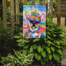 Load image into Gallery viewer, Pug Hippie Dawg Garden Flag – Retro Dog with Sunglasses &amp; Multicolored Background