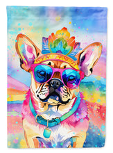Load image into Gallery viewer, Pug Hippie Dawg Garden Flag – Retro Dog with Sunglasses &amp; Multicolored Background