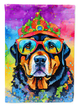 Load image into Gallery viewer, Rottweiler Hippie Dawg Garden Flag – Retro Dog with Sunglasses &amp; Multicolored Background