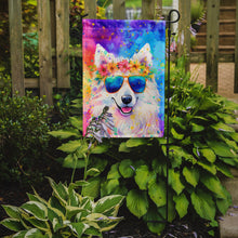 Load image into Gallery viewer, Samoyed Hippie Dawg Garden Flag – Retro Dog with Sunglasses &amp; Multicolored Background