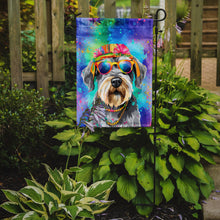 Load image into Gallery viewer, Schnauzer Hippie Dawg Garden Flag – Retro Dog with Sunglasses &amp; Multicolored Background