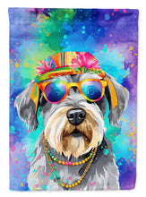 Load image into Gallery viewer, Schnauzer Hippie Dawg Garden Flag – Retro Dog with Sunglasses &amp; Multicolored Background