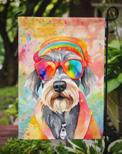 Load image into Gallery viewer, Schnauzer Hippie Dawg Garden Flag – Retro Dog with Sunglasses &amp; Multicolored Background