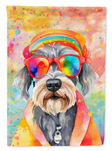 Load image into Gallery viewer, Schnauzer Hippie Dawg Garden Flag – Retro Dog with Sunglasses &amp; Multicolored Background