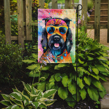Load image into Gallery viewer, Scottish Terrier Hippie Dawg Garden Flag – Retro Dog with Sunglasses &amp; Multicolored Background