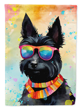 Load image into Gallery viewer, Scottish Terrier Hippie Dawg Garden Flag – Retro Dog with Sunglasses &amp; Multicolored Background