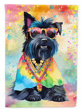 Load image into Gallery viewer, Scottish Terrier Hippie Dawg Garden Flag – Retro Dog with Sunglasses &amp; Multicolored Background