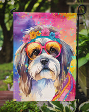 Load image into Gallery viewer, Shih Tzu Hippie Dawg Garden Flag – Retro Dog with Sunglasses &amp; Multicolored Background