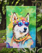Load image into Gallery viewer, Siberian Husky Hippie Dawg Garden Flag – Retro Dog with Sunglasses &amp; Multicolored Background