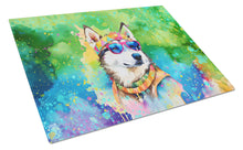 Load image into Gallery viewer, Siberian Husky Hippie Dawg Glass Cutting Boards – Durable, Decorative Kitchen Art Large