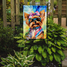 Load image into Gallery viewer, Yorkshire Terrier Hippie Dawg Garden Flag – Retro Dog with Sunglasses &amp; Multicolored Background