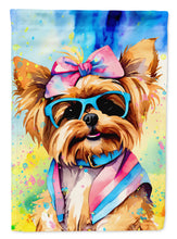 Load image into Gallery viewer, Yorkshire Terrier Hippie Dawg Garden Flag – Retro Dog with Sunglasses &amp; Multicolored Background