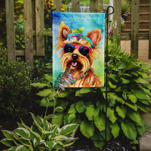 Load image into Gallery viewer, Yorkshire Terrier Hippie Dawg Garden Flag – Retro Dog with Sunglasses &amp; Multicolored Background