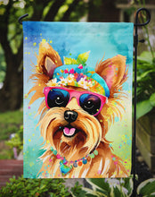 Load image into Gallery viewer, Yorkshire Terrier Hippie Dawg Garden Flag – Retro Dog with Sunglasses &amp; Multicolored Background