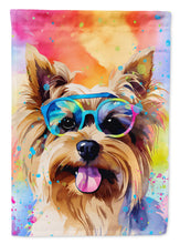 Load image into Gallery viewer, Yorkshire Terrier Hippie Dawg Garden Flag – Retro Dog with Sunglasses &amp; Multicolored Background