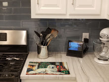 Load image into Gallery viewer, Great Pyrenees Cozy Christmas Glass Cutting Boards – Durable, Decorative Kitchen Art Large