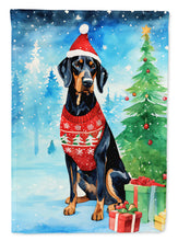 Load image into Gallery viewer, Black and Tan Coonhound Christmas Garden Flag – Cozy Dog Holiday Decor with Tree &amp; Presents