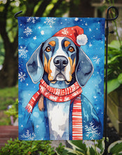 Load image into Gallery viewer, Black and Tan Coonhound Christmas Garden Flag – Cozy Dog Holiday Decor with Tree &amp; Presents