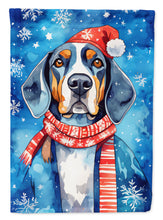 Load image into Gallery viewer, Black and Tan Coonhound Christmas Garden Flag – Cozy Dog Holiday Decor with Tree &amp; Presents