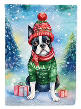 Load image into Gallery viewer, Boston Terrier Christmas Garden Flag – Cozy Dog Holiday Decor with Tree &amp; Presents