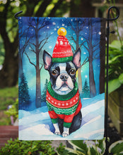 Load image into Gallery viewer, Boston Terrier Christmas Garden Flag – Cozy Dog Holiday Decor with Tree &amp; Presents