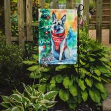 Load image into Gallery viewer, Norwegian Elkhound Christmas Garden Flag – Cozy Dog Holiday Decor with Tree &amp; Presents