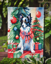 Load image into Gallery viewer, Papillon Christmas Garden Flag – Cozy Dog Holiday Decor with Tree &amp; Presents