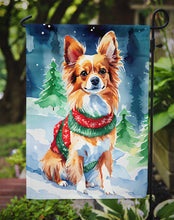 Load image into Gallery viewer, Papillon Christmas Garden Flag – Cozy Dog Holiday Decor with Tree &amp; Presents