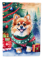Load image into Gallery viewer, Pomeranian Christmas Garden Flag – Cozy Dog Holiday Decor with Tree &amp; Presents