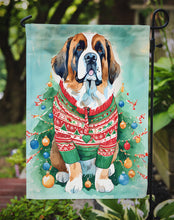 Load image into Gallery viewer, Saint Bernard Christmas Garden Flag – Cozy Dog Holiday Decor with Tree &amp; Presents