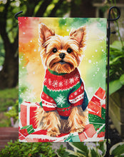 Load image into Gallery viewer, Yorkshire Terrier Yorkie Christmas Garden Flag – Cozy Dog Holiday Decor with Tree &amp; Presents