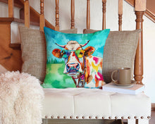 Load image into Gallery viewer, Hippie Animal Cow Throw Pillow - 14x14 Decorative Pillow – Art for Your Home &amp; Patio