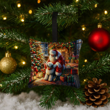 Load image into Gallery viewer, Old English Sheepdog and Santa Claus Hanging Square Fabric Ornament 3.5 × 3.5