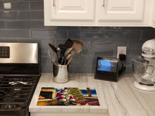 Load image into Gallery viewer, Shiba Inu and Santa Claus Glass Cutting Boards – Durable, Decorative Kitchen Art