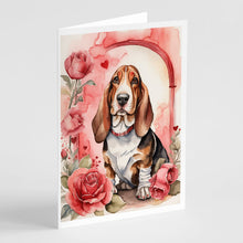Load image into Gallery viewer, Basset Hound Valentine Roses Greeting Cards - Blank Note Cards – 8-Pack of Artist-Designed Cards with Envelopes